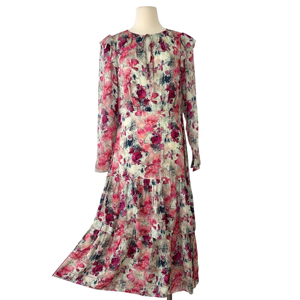 Marchesa Notte Long Sleeve Tiered Midi Dress in Pink Abstract Romantic Floral 8